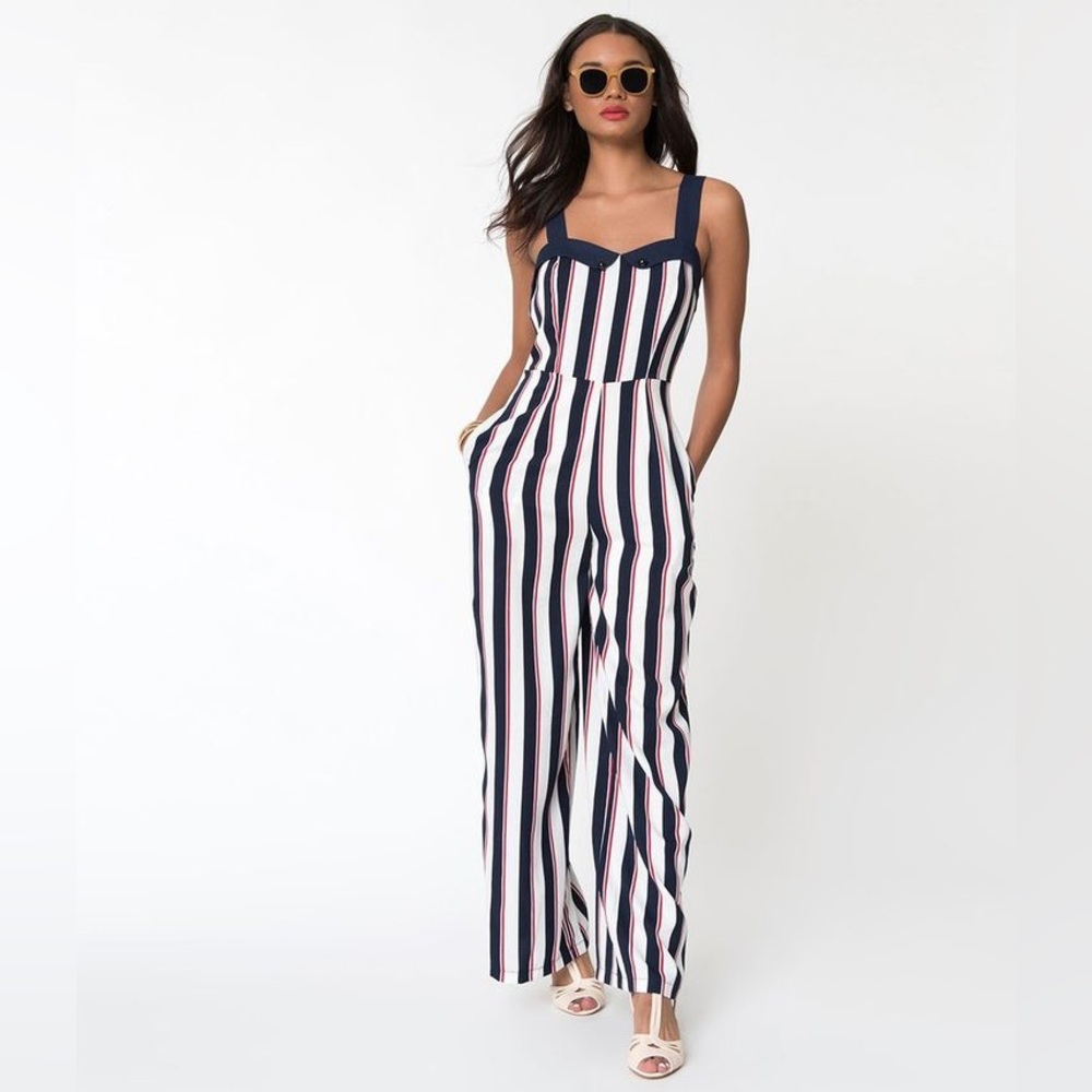 Unique Vintage - Banned Apparel - Striped Navy, White, & Red Jumpsuit, XL